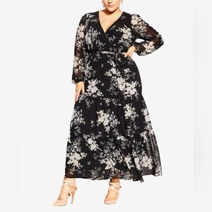 Elegant Black and White Floral Long Sleeve Dres